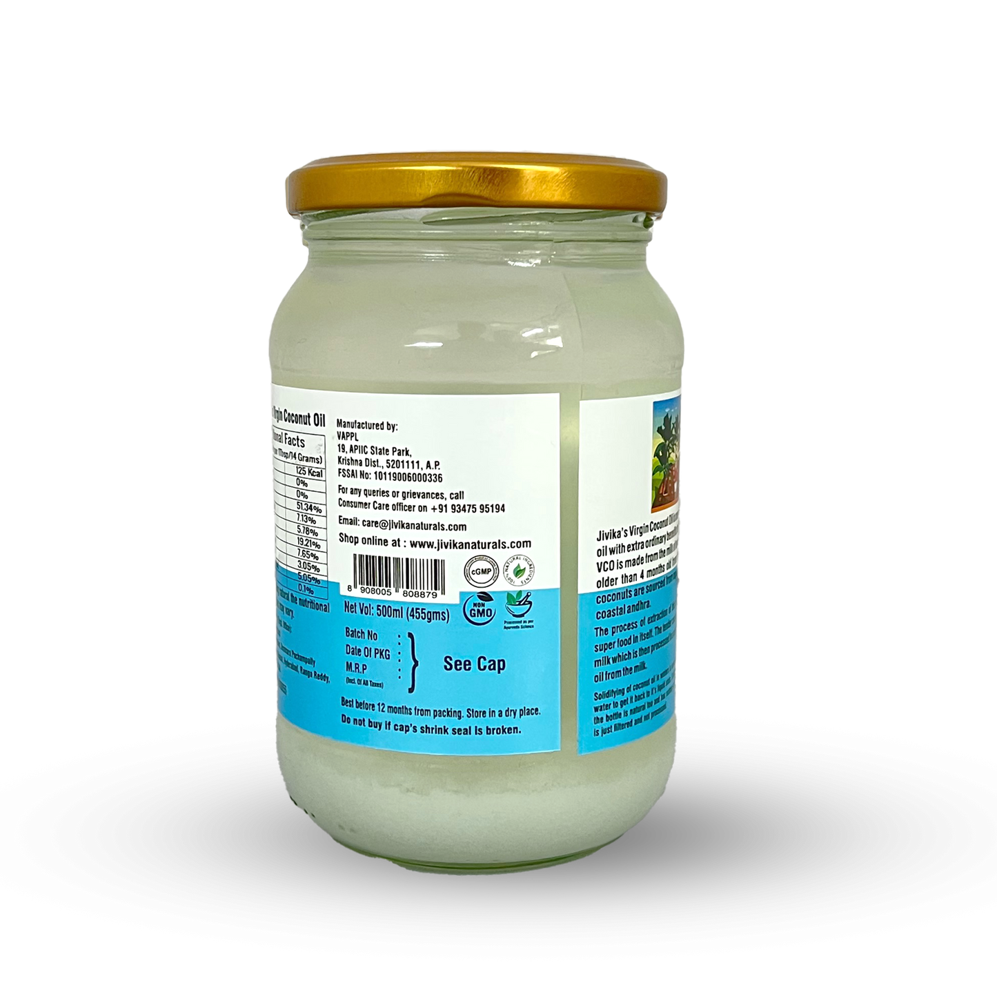Jivika Naturals Cold Pressed Virgin Coconut Oil In Glass Jar Made From Coconut Milk 500 ml