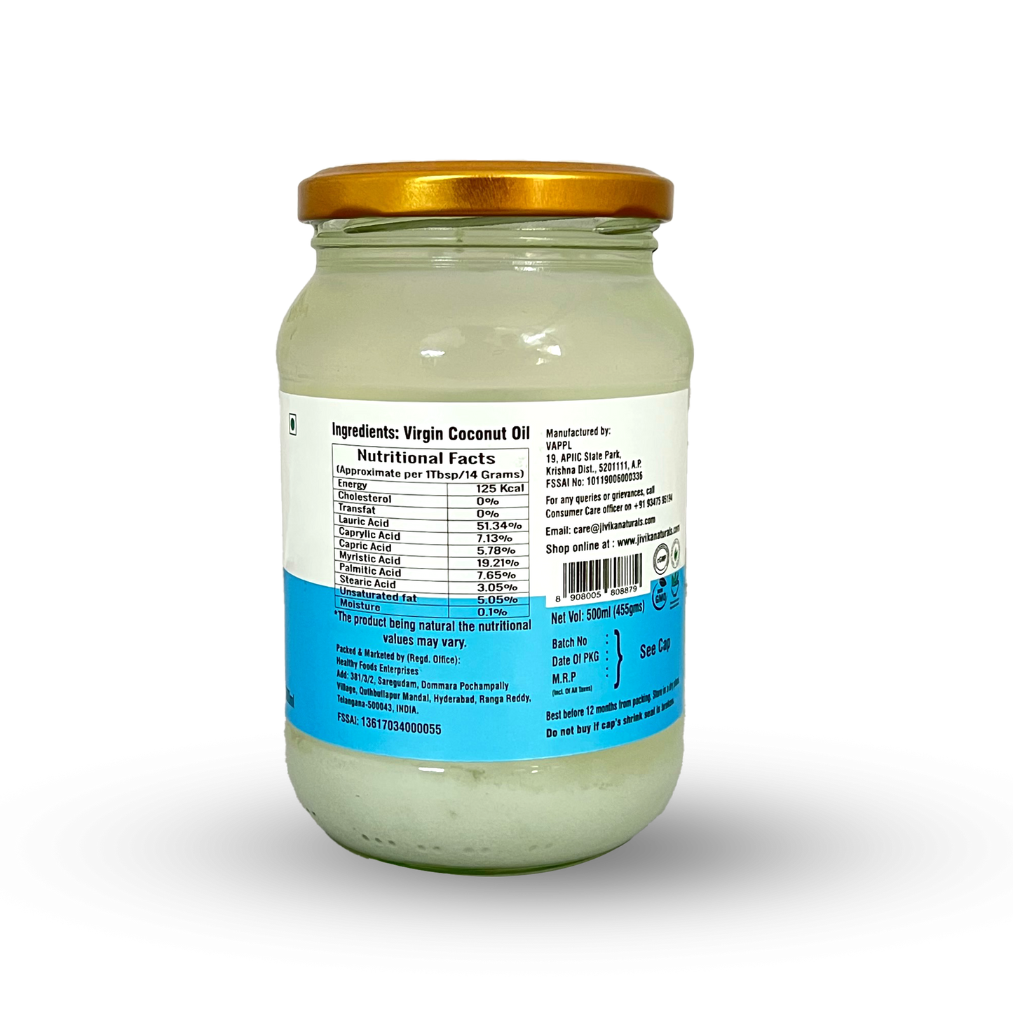 Jivika Naturals Cold Pressed Virgin Coconut Oil In Glass Jar Made From Coconut Milk 500 ml