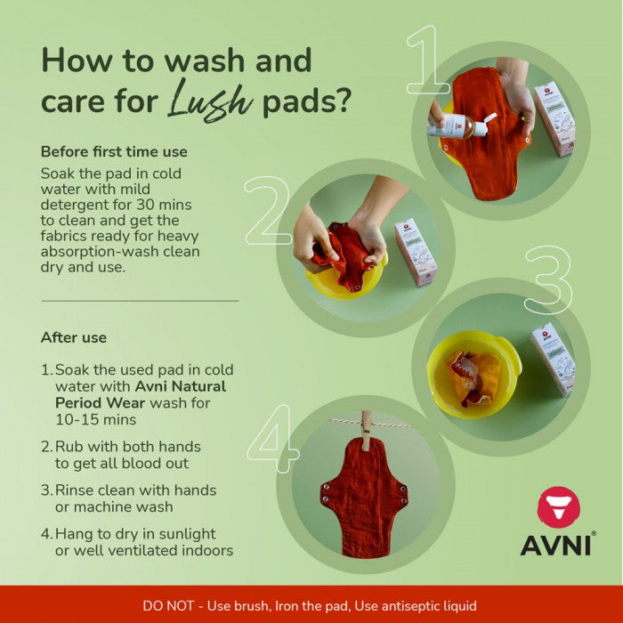 Avni Lush Certified 100% Organic Cotton Washable Cloth Pads (Pack of 2) | Antimicrobial Reusable Cloth Sanitary Pad | With Cloth Storage pouch | Medium