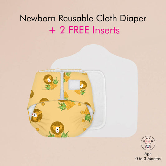 Snugkins -Newborn Bliss - Reusable,Waterproof & Washable Cloth Diapers For Newborn Babies, Contains 1 Diaper, 1 Wet-Free Organic Cotton Pad & 1 Booster Pad - Fits 2.5Kg – 7Kg - Lion Hearted