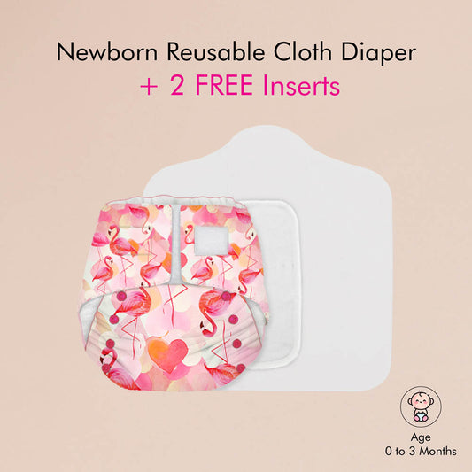 Snugkins -Newborn Bliss - Reusable,Waterproof & Washable Cloth Diapers For Newborn Babies, Contains 1 Diaper, 1 Wet-Free Organic Cotton Pad & 1 Booster Pad - Fits 2.5Kg – 7Kg - Flamingo Heart