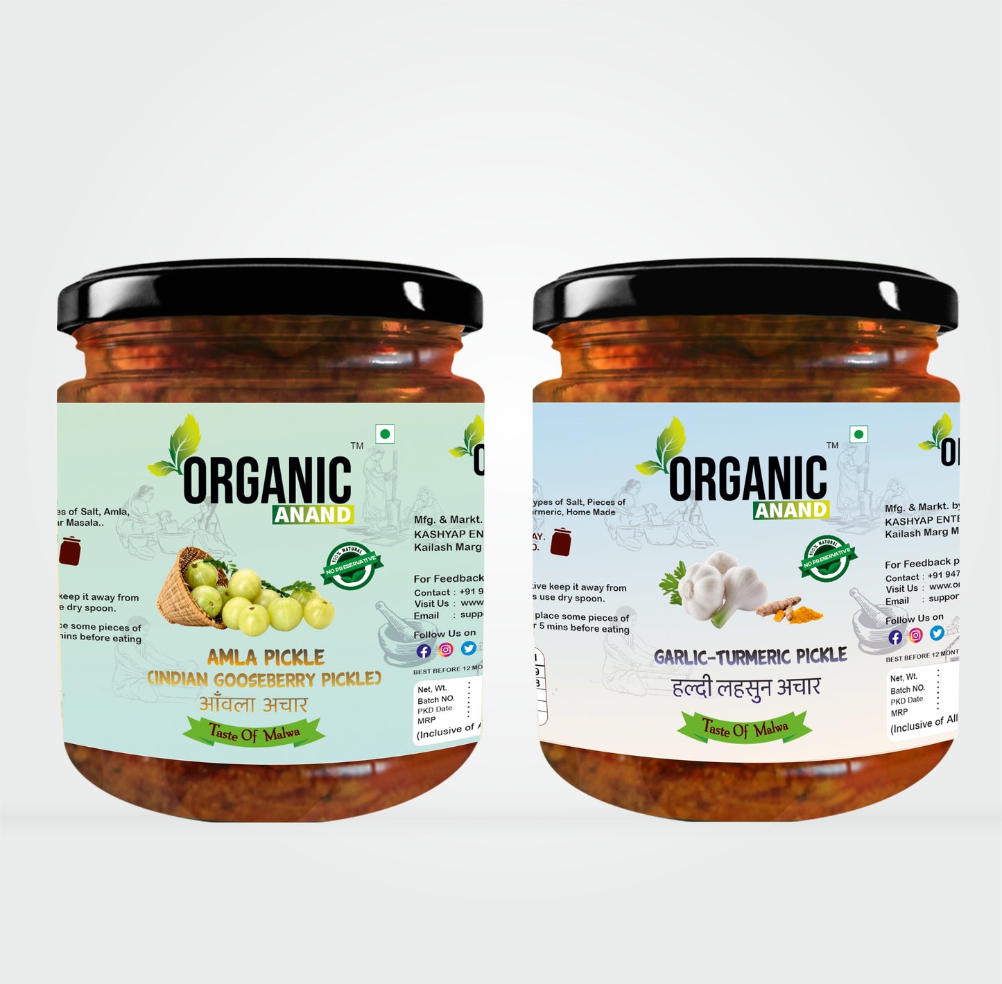 Organic Anand Homemade Indian Gooseberry Amla Pickle 500gram and Garlic Turmeric Pickle 500gram with Neemwood Spoon Haldi Lahsun Amla 1000 Gram Combo Pack of 2