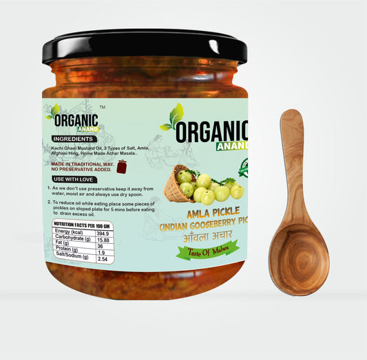 Organic Anand Homemade Indian Gooseberry Amla Pickle 500gram and Garlic Turmeric Pickle 500gram with Neemwood Spoon Haldi Lahsun Amla 1000 Gram Combo Pack of 2