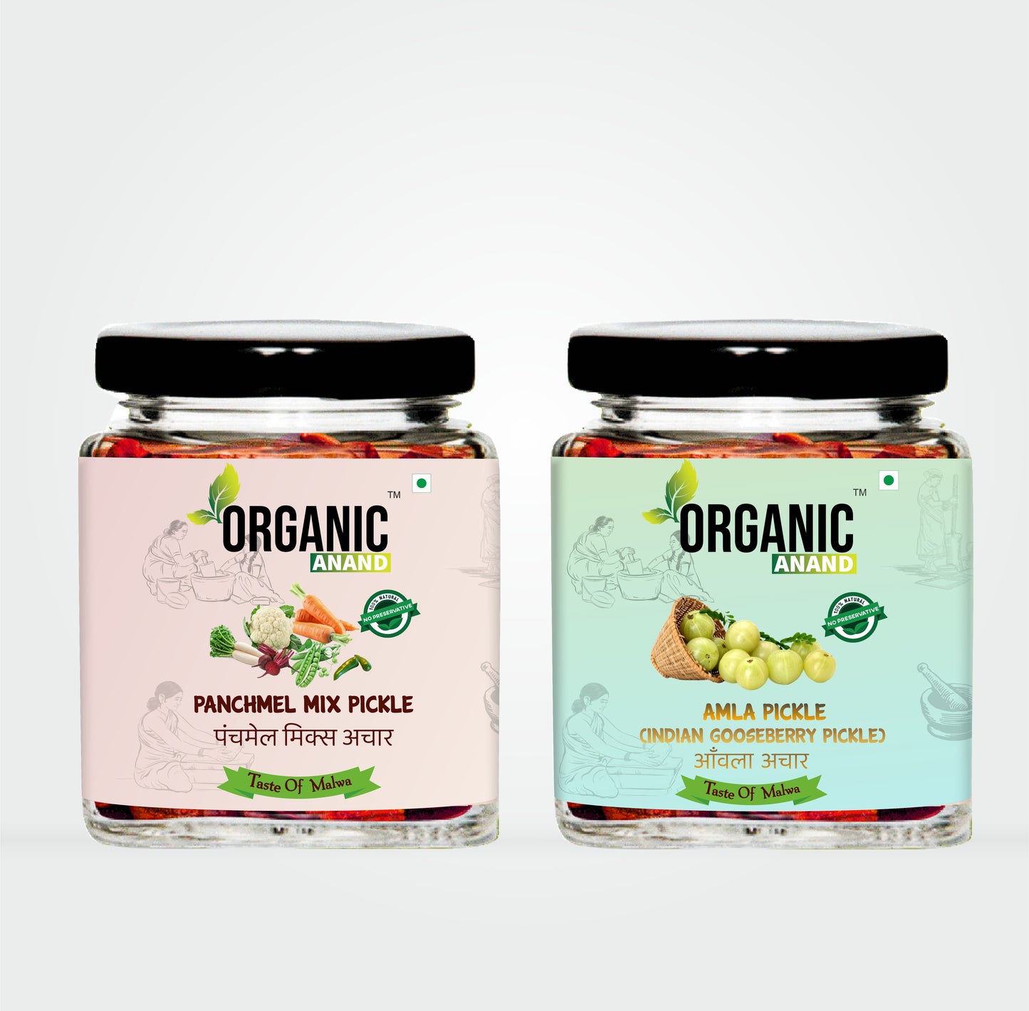 Organic Anand Homemade Amla Pickle 250gram and Panchmel Mix Pickle 250gram Combo Indian Gooseberry Pickle Achaar with Neemwood Spoon (500gm) Pack of 2