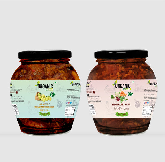 Organic Anand Homemade Amla Pickle 350 gram and Panchmel Mix Pickle 350 gram Combo Indian Gooseberry Pickle Achaar with Neemwood Spoon (700gm) Pack of 2