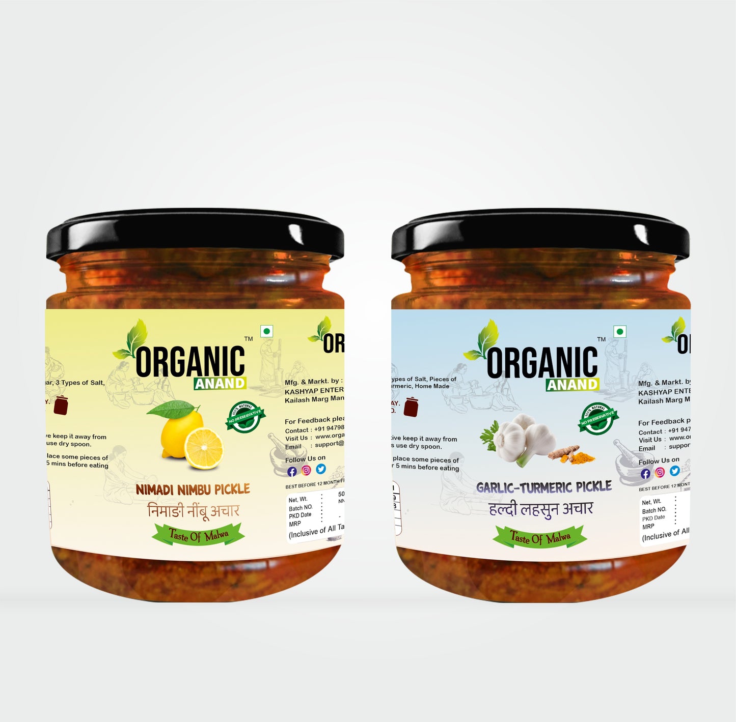 Organic Anand Homemade Garlic Turmeric Pickle 500gram and Lemon Pickle 500gram Combo Haldi Lahsun Achaar with Neemwood Spoon 1000Gram Pack of 2