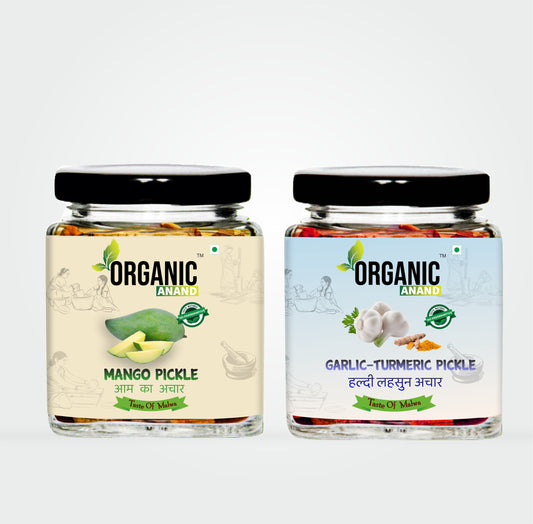 Organic Anand Homemade Garlic Turmeric Pickles 250gram and Mango Pickle 250gram with Neemwood Spoon Aam Ka Achar and Haldi Lahsun Achar Combo Pack of 2