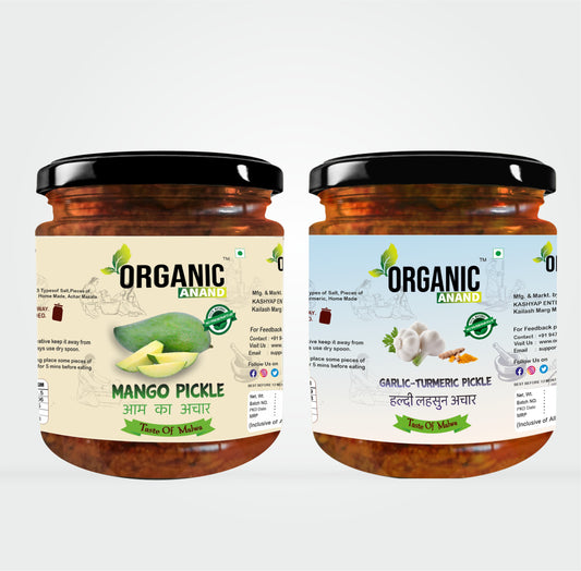 Organic Anand Homemade Garlic Turmeric Pickles 500gram and Mango Pickle 500gram with Neemwood Spoon Aam Ka Achar and Haldi Lahsun Achar Combo Pack of 2