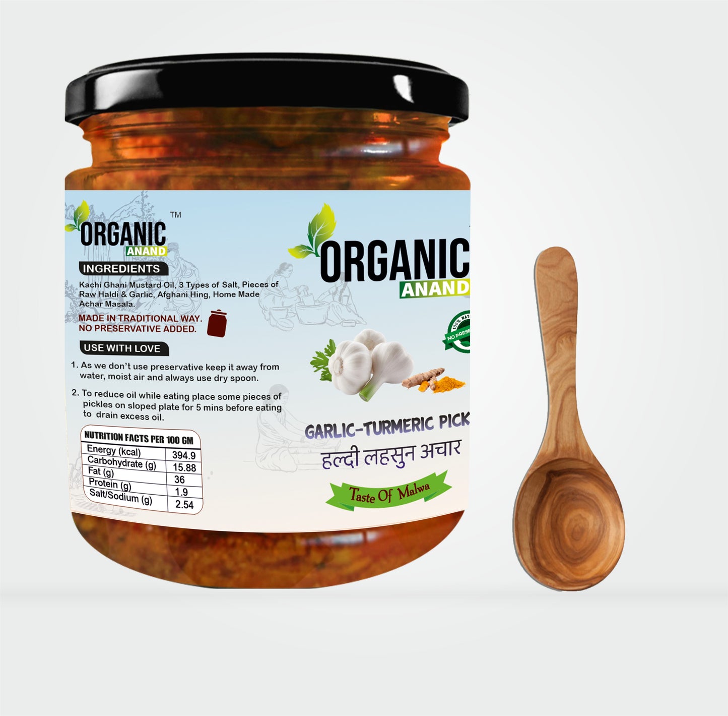 Organic Anand Homemade Garlic Turmeric Pickles 500gram and Mango Pickle 500gram with Neemwood Spoon Aam Ka Achar and Haldi Lahsun Achar Combo Pack of 2