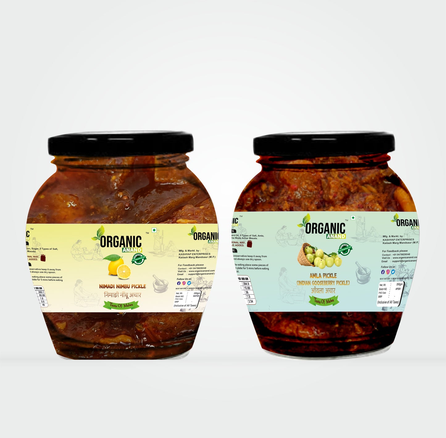 Organic Anand Homemade Nimadi Nimbu Pickle 350gram and Amla Pickle 350gram Combo with Neemwood Spoon Pack of 2 Indian Gooseberry Achaar