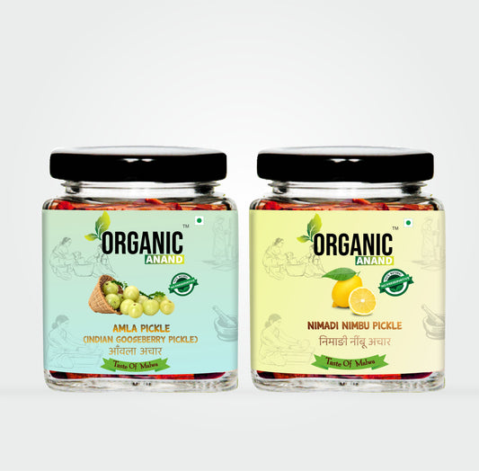 Organic Anand Homemade Nimadi Nimbu Pickle 250gram and Amla Pickle 250gram Combo with Neemwood Spoon Pack of 2 Indian Gooseberry Achaar