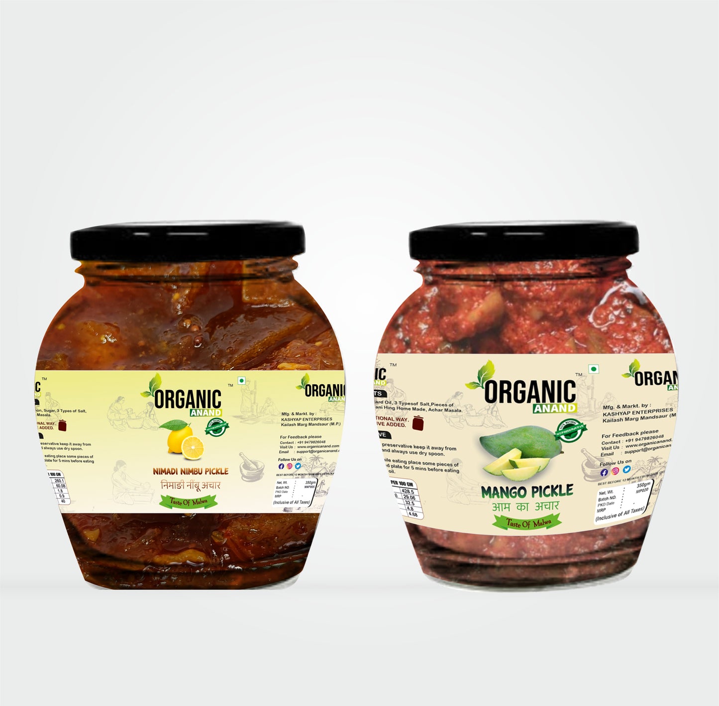 Organic Anand Homemade Nimadi Nimbu Pickles 350gram and Mango Pickle350gram with Neemwood Spoon Nimbu Aam Ka Achaar Combo 700Gram Pack of 2