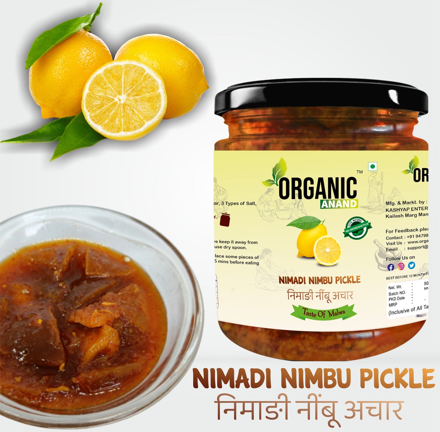 Organic Anand | 100% Pure & Natural Nimbu Mango Achar | Fresh Homemade Pickle | Authentic, No Preservative Nimbu Combo Set| Pack of (500 gm)