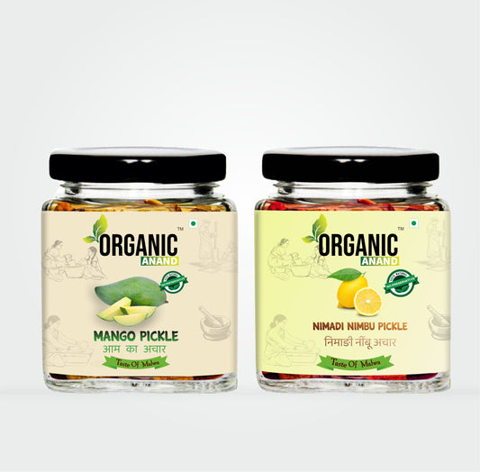 Organic Anand Homemade Nimadi Nimbu Pickles 250gram and Mango Pickle250gram with Neemwood Spoon Nimbu Aam Ka Achaar Combo 500Gram Pack of 2