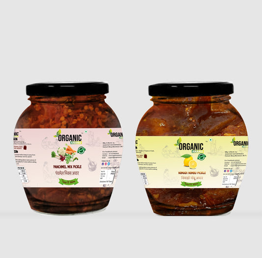 Organic Anand Homemade Nimadi Nimbu Pickles 350gram and Panchmel Mix Pickles 350 Gram Nimbu ka Achar with Neemwood Spoon (700 Gram) Pack of 2