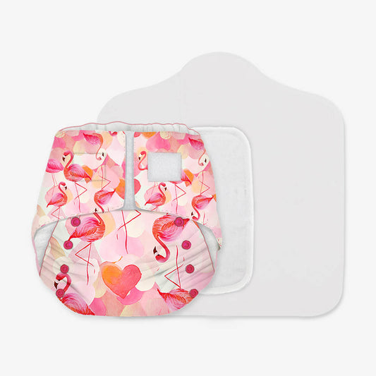 Snugkins -Newborn Bliss - Reusable,Waterproof & Washable Cloth Diapers For Newborn Babies, Contains 1 Diaper, 1 Wet-Free Organic Cotton Pad & 1 Booster Pad - Fits 2.5Kg – 7Kg - Flamingo Heart