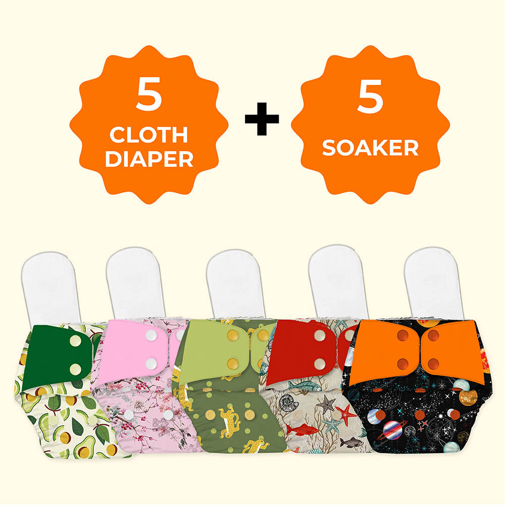 Regular Diaper By Snugkins - Freesize Reusable, Waterproof & Washable Cloth Diapers For Day Time Use. Contains 5 Pocket Diaper & 5 Wet-Free Microfiber Terry Soaker (Fits Babies 5-17Kgs)