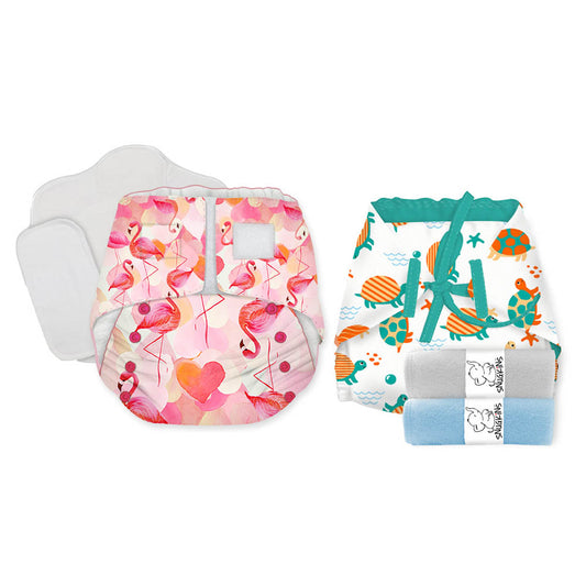 Snugkins -Newborn Bliss - Reusable,Waterproof & Washable Cloth Diapers For Newborn Babies, Contains 6 Diaper, 6 Wet-Free Organic Cotton Pad & 3 Booster Pad - Fits 2.5Kg – 7Kg