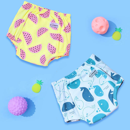 Snugkins Unisex Cotton Padded Potty Training Pants For Kids,Toddlers & Babies Melon & Whale (Size 0, Fits 0-9 Months) - Pack Of 2