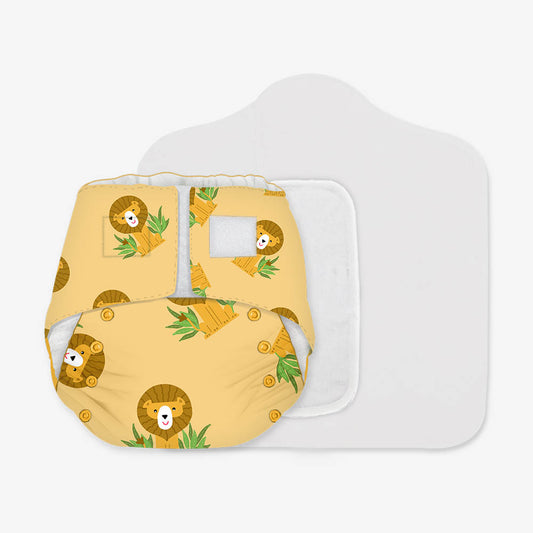 Snugkins -Newborn Bliss - Reusable,Waterproof & Washable Cloth Diapers For Newborn Babies, Contains 1 Diaper, 1 Wet-Free Organic Cotton Pad & 1 Booster Pad - Fits 2.5Kg – 7Kg - Lion Hearted