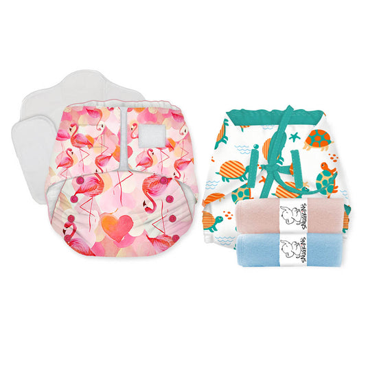 Snugkins -Newborn Bliss - Reusable,Waterproof & Washable Cloth Diapers For Newborn Babies, Contains 6 Diaper, 6 Wet-Free Organic Cotton Pad & 3 Booster Pad - Fits 2.5Kg – 7Kg