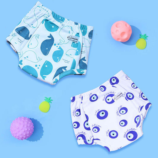 Snugkins Unisex Cotton Padded Potty Training Pants For Kids,Toddlers & Babies Evileye & Whale (Size 0, Fits 0-9 Months) - Pack Of 2