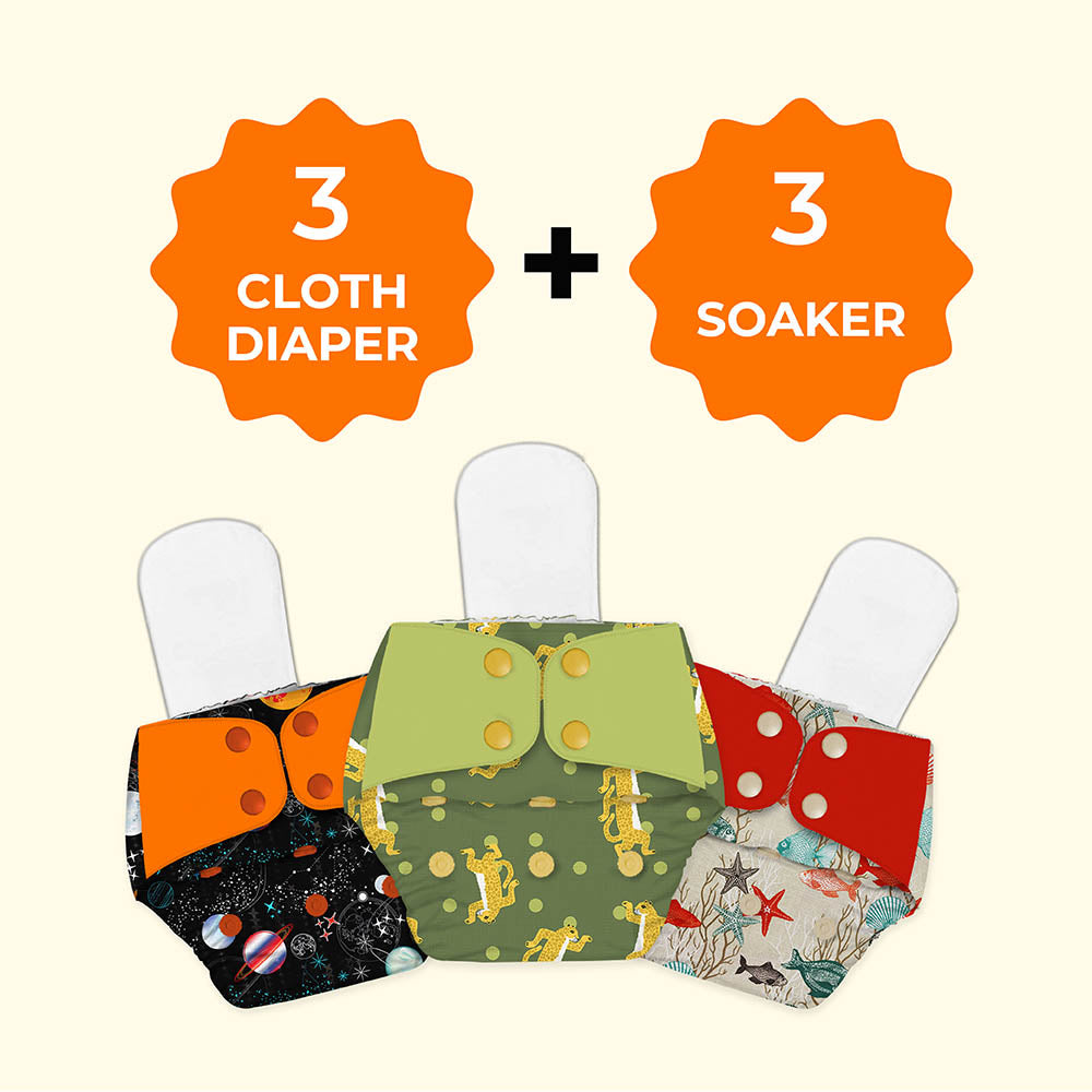 Regular Diaper By Snugkins - Freesize Reusable, Waterproof & Washable Cloth Diapers For Day Time Use. Contains 3 Pocket Diaper & 3 Wet-Free Microfiber Terry Soaker (Fits Babies 5-17Kgs)