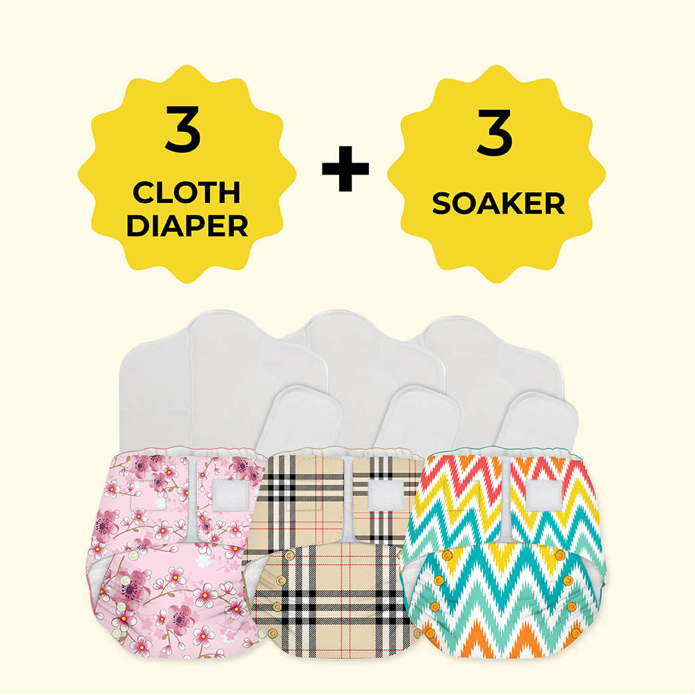 Snugkins -Newborn Bliss - Reusable,Waterproof & Washable Cloth Diapers For Newborn Babies, Contains 3 Diaper, 3 Wet-Free Organic Cotton Pad & 3 Booster Pad - Fits 2.5Kg – 7Kg