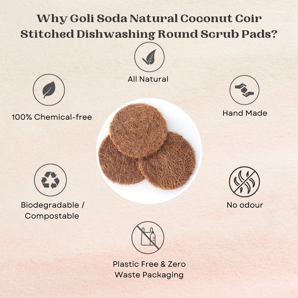 Goli Soda Natural Coconut Coir Round Stitched Dishwashing Scrub Pads - Pack of 6 Scrubs