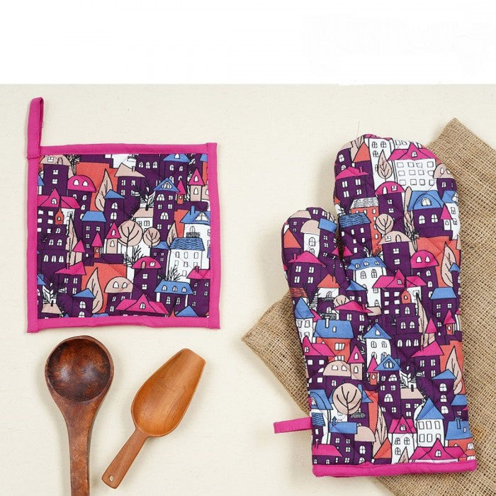 Swaas 100% Cotton Building Blocks Printed Oven Mitt and Pot Holder Set