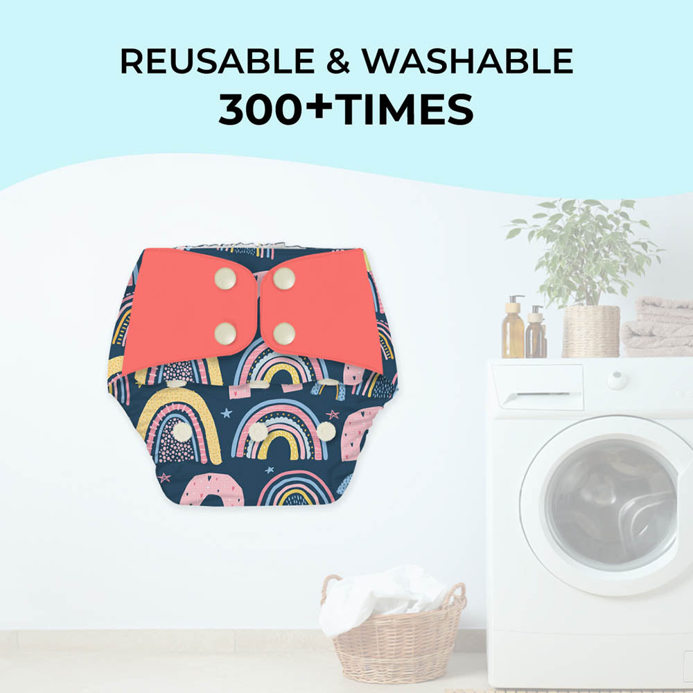 Regular Diaper By Snugkins -Freesize Reusable, Waterproof & Washable Cloth Diapers For Day Time Use.Contains 1 Pocket Diaper & 1 Wet-Free Microfiber Terry Soaker (Fits Babies 5-17Kgs) -Rainbo