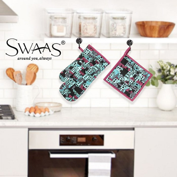 Swaas 100% Cotton Building Blocks Printed Oven Mitt and Pot Holder Set