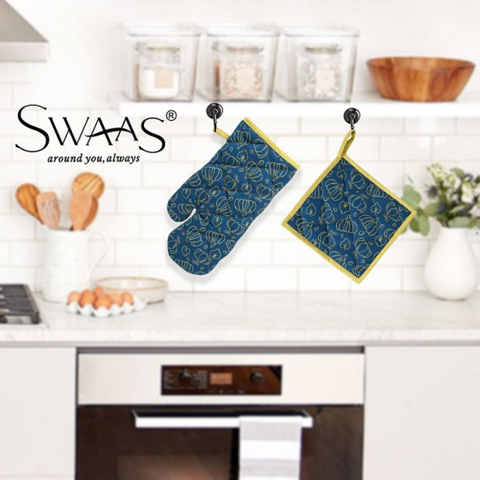 Swaas 100% Cotton Pumpkin Printed Oven Mitt and Pot Holder Set