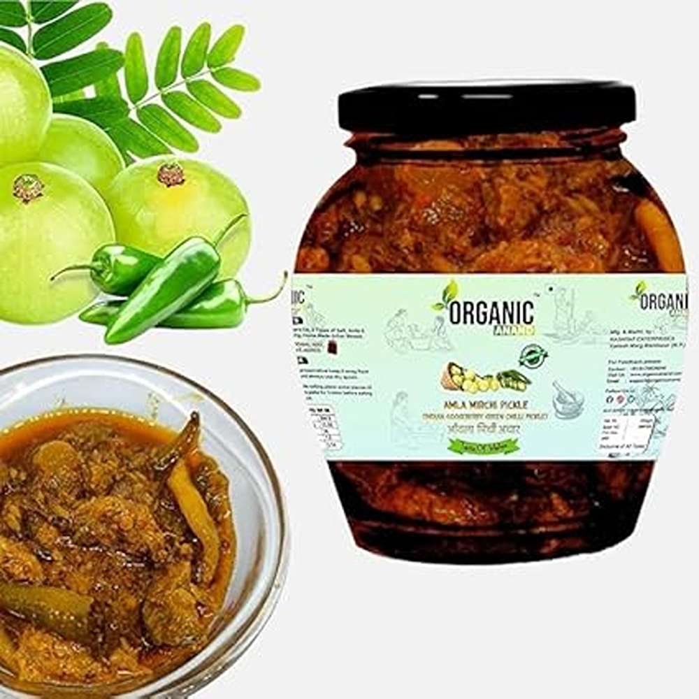 Organic Anand Pure & Natural Amla -Mirchi Pickle,Fresh Amla & Green Chilli,Homemade Hari mirch ka Aachar with Neemwood Spoon (350gm-Pack of 1)