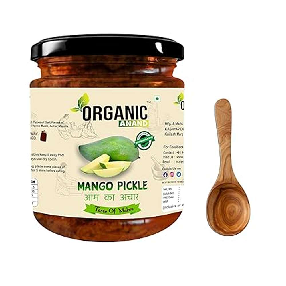 Organic Anand Smoked Homemade Mango Pickle 500gram | Khatta Aam ka Achar Neemwood Spoon | Preservatives Free with Ayodhya Ram Keri | Low Salt |