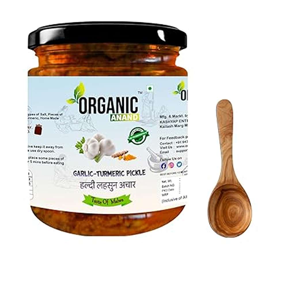 Organic Anand Homemade Garlic Turmeric Pickle 500 gm Kachi Haldi and Lahsoon/Lassan/Lahsun Ka Achaar with Neemwood Spoon Flavourful, Delicious, Traditional Taste (Pack of 1)