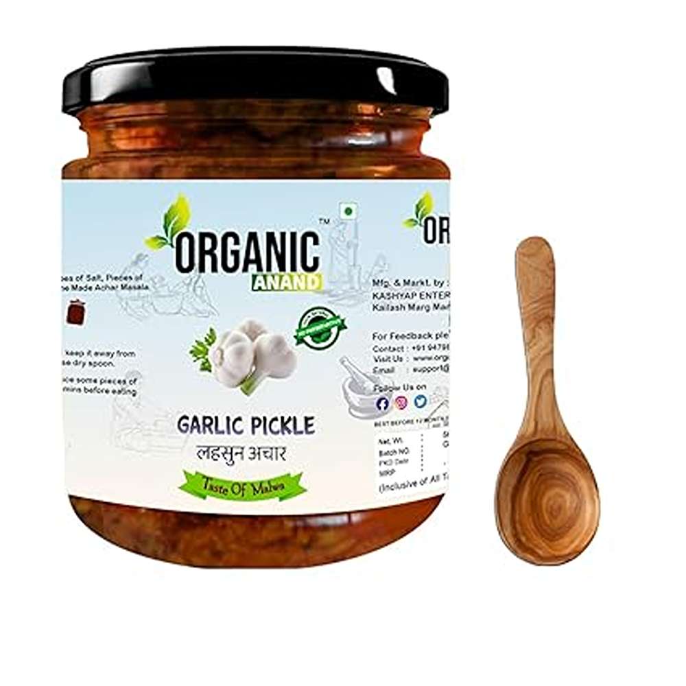 Organic Anand Homemade Garlic Pickle 500gm Lahsoon/Lassan/Lahsun Ka Achaar with Neemwood Spoon, Flavourful, Delicious, Traditional Taste (Pack of 1)