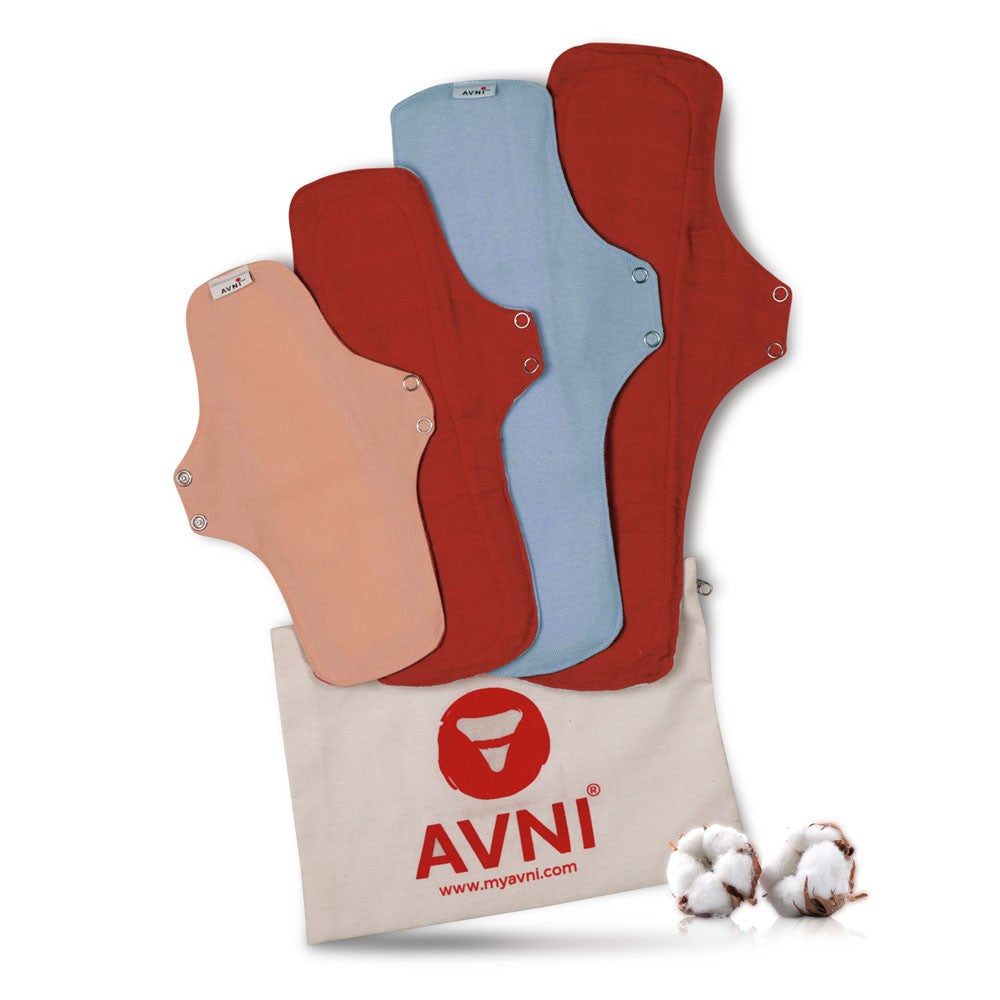 Avni Lush Certified 100% Organic Cotton Washable Cloth Pads (Pack of 4) | Antimicrobial Reusable Cloth Sanitary Pad | With Cloth Storage pouch