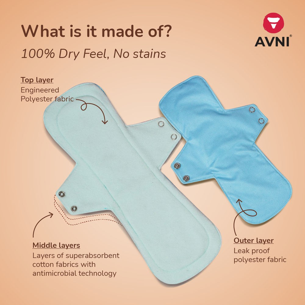 Avni Fluff Washable Cloth Pads,(Pack of 4) | Antimicrobial Reusable Cloth Sanitary Pad | With Cloth Storage Pouch