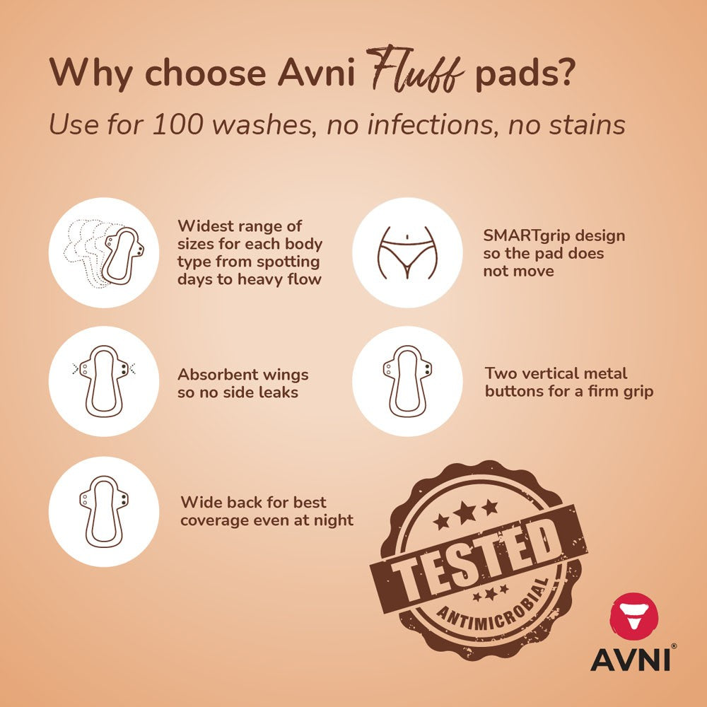 Avni Fluff Washable Cloth Pads (Pack Of 2) | Antimicrobial Reusable Cloth Sanitary Pad | With Cloth Storage Pouch