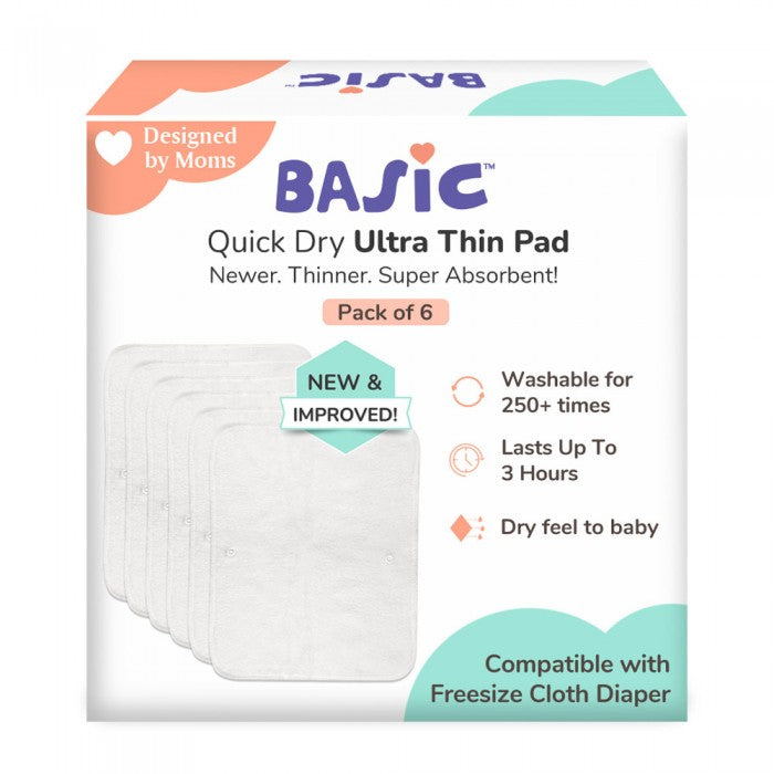 SuperBottoms BASIC Quick Dry UltraThin Pads |New &Improved | 4 Layer Padding, Lasts 3 hrs |Pack of 6