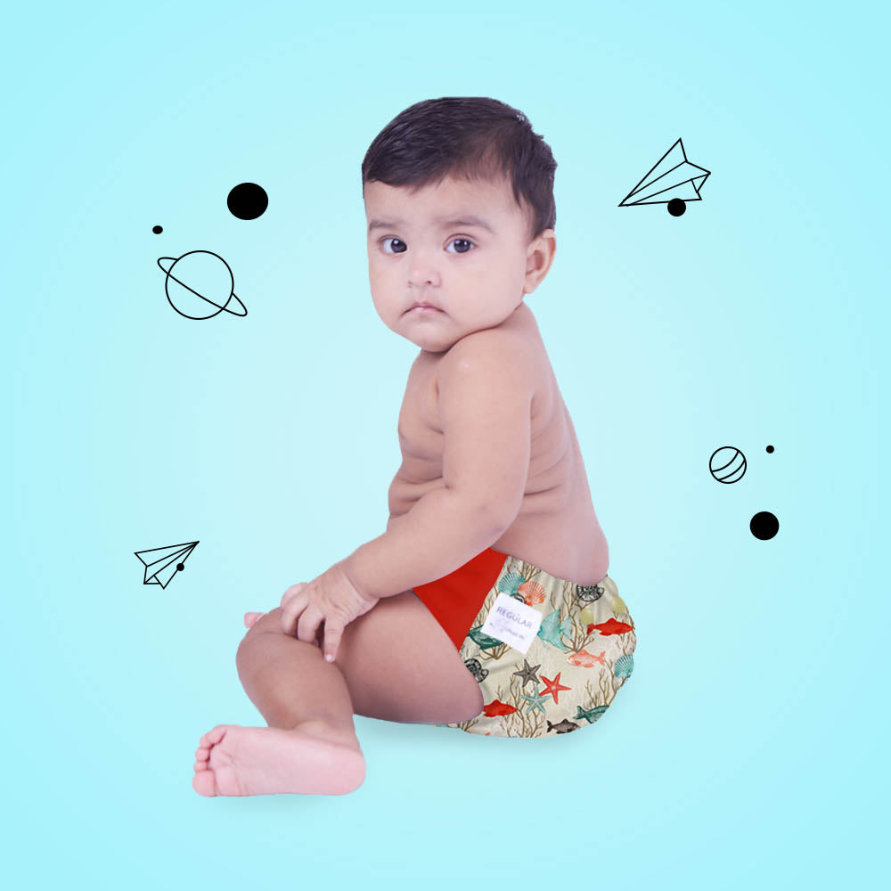 Regular Diaper By Snugkins - Freesize Reusable, Waterproof & Washable Cloth Diapers For Day Time Use.Contains 1 Pocket Diaper & 1 Wet-Free Microfiber Terry Soaker (Fits Babies 5-17Kgs) -Aquat