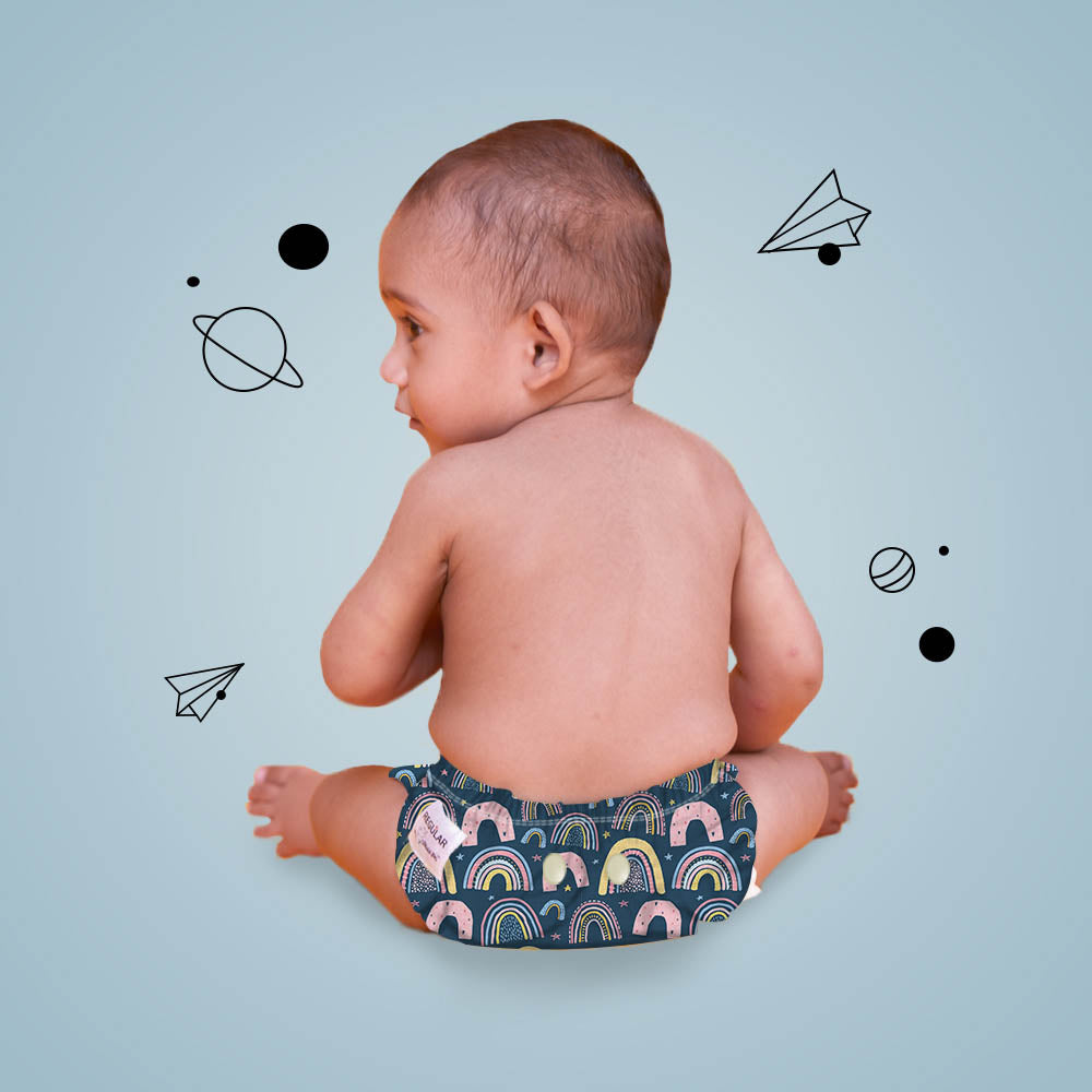Regular Diaper By Snugkins -Freesize Reusable, Waterproof & Washable Cloth Diapers For Day Time Use.Contains 1 Pocket Diaper & 1 Wet-Free Microfiber Terry Soaker (Fits Babies 5-17Kgs) -Rainbo
