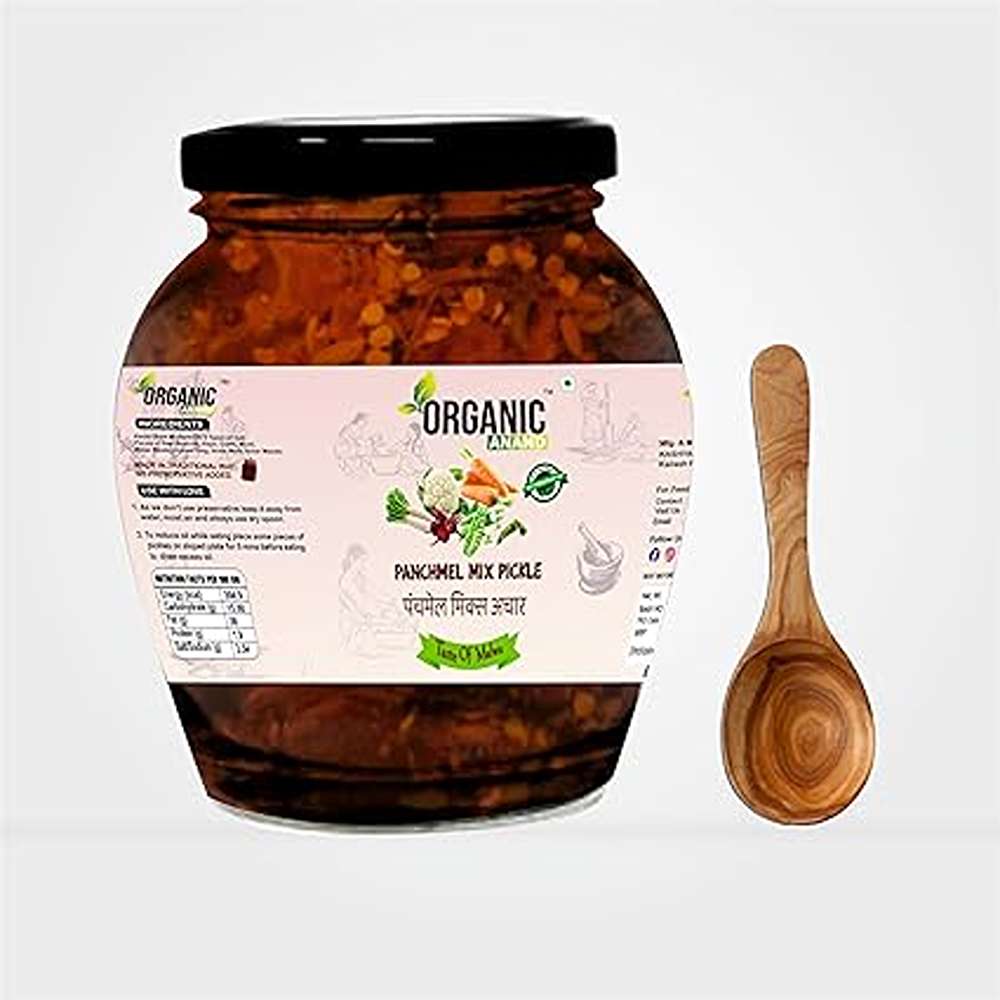 Organic Anand Natural Panchmel Pickle (Mixed Veg Aachar) Beetroot, Mooli, Matar Gajar, Gobhi, Shalgam ka Achar, Homemade Aachar with Neemwood Spoon (350gm, Pack of 1)