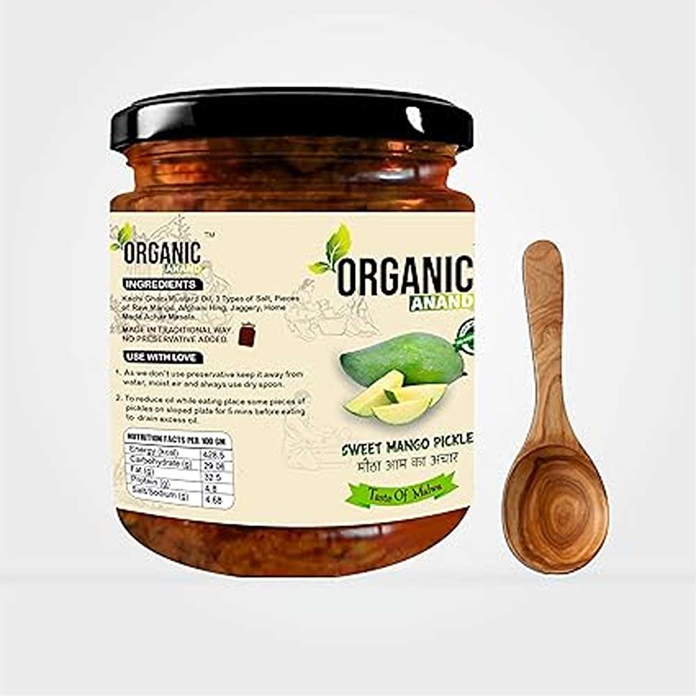 Organic Anand Pure & Natural Less Sweet Mango Pickle (Mitha Aam ka achar) Jaggery Mango Pickle,Homemade Aachar with Neemwood Spoon (500gm-Pack of 1)