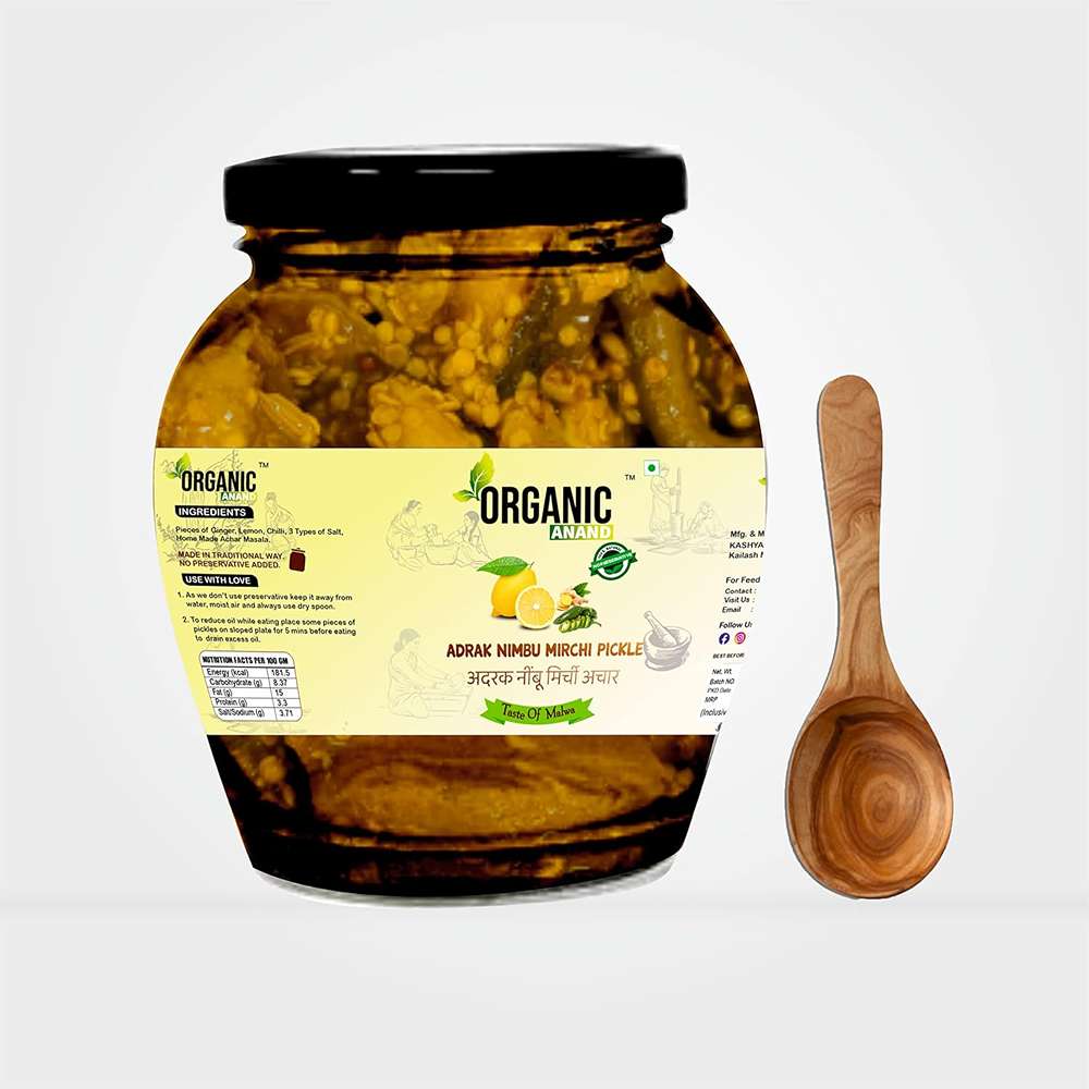 Organic Anand Homemade Ginger Lemon Green Chilli Mix Pickles 350gram Khatta Mix Ghar ka Achaar with Neemwood Spoon Flavourful, Delicious, Traditional Taste