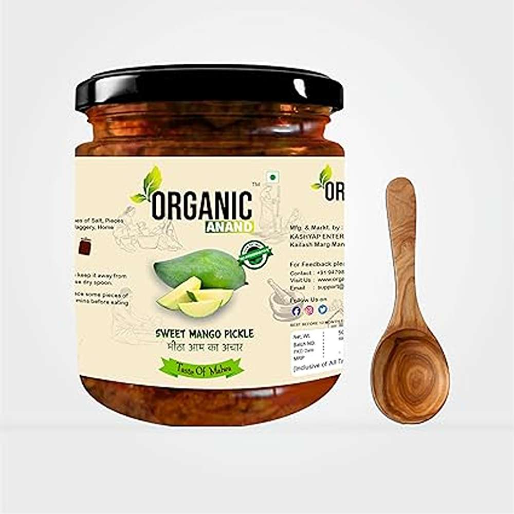 Organic Anand Pure & Natural Less Sweet Mango Pickle (Mitha Aam ka achar) Jaggery Mango Pickle,Homemade Mango Achar with Neemwood Spoon(250gm-Pack of 1) No Artificial Preservatives & Colors