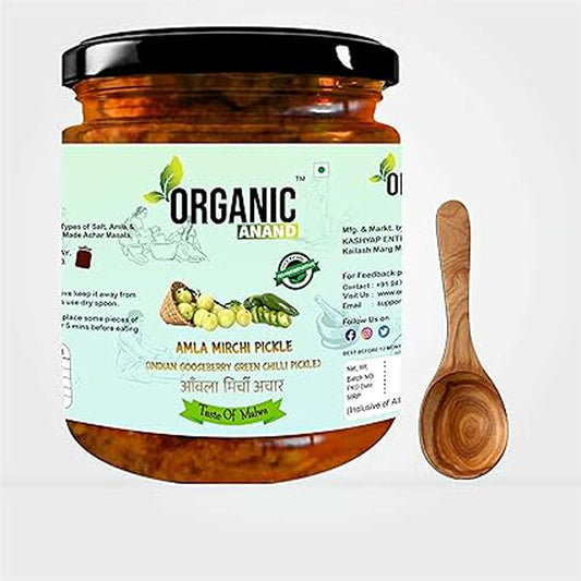 Organic Anand Pure & Natural Amla -Mirchi Pickle,Fresh Amla & Green Chilli,Homemade Hari mirch ka Aachar with Neemwood Spoon (500gm-Pack of 1)