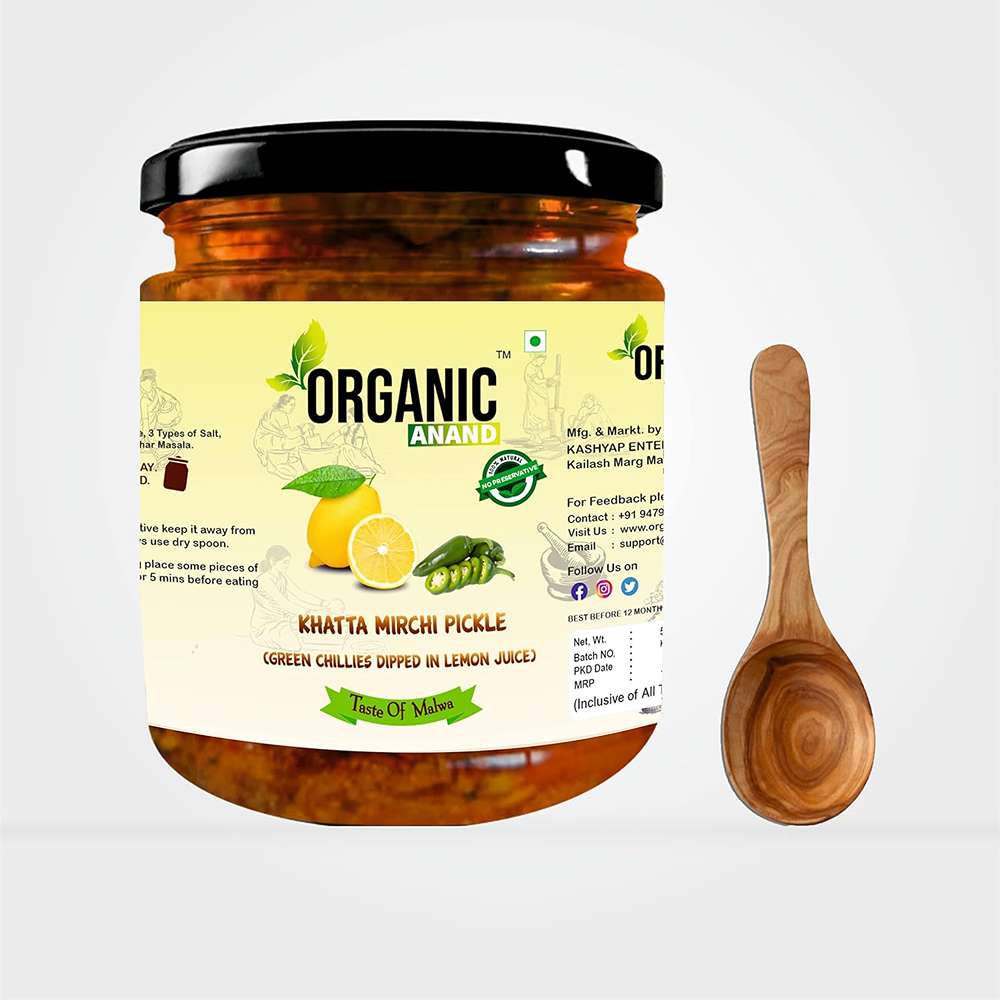 Organic Anand Homemade Natural Green Chilli Pickle 500 Gram Hari Mirchi Ka Achar Dipped in Lemon Juice Khatta Spicy No Preservative