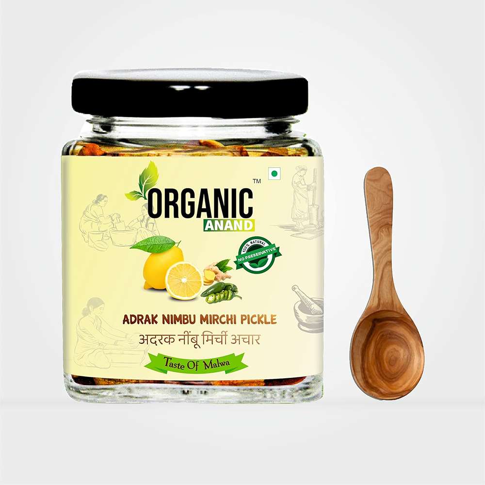 Organic Anand Homemade Ginger Lemon Green Chilli Mix Pickles 250gram Khatta Mix Ghar ka Achaar with Neemwood Spoon Flavourful, Delicious, Traditional Taste